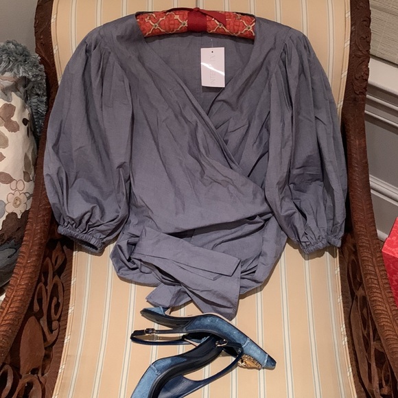 ELIZABETH AND JAMES FARRAH BLOUSON WRAP TOP CRISP STRETCH COTTON DENIM COLOR XS - Picture 12 of 12